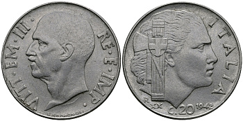 ИТАЛИЯ 20 ЧЕНТЕЗИМО 1942 R, ВИКТОР ИМАНУИЛ, XX ГОД KM 75b нержавеющая сталь 98-137