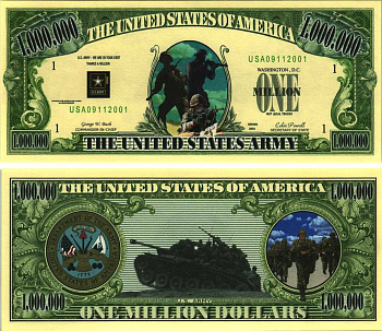 США 1000000 ДОЛЛАРОВ 2001 СУВЕНИРНАЯ БАНКНОТА, СЕРИЯ АМЕРИКАНСКАЯ АРМИЯ, ПЕХОТИНЦЫ, МЫ У ВАС В ДОЛГУ, ГЛАВНОКОМАНДУЮЩИЙ ДЖ. БУШ, ГОССЕКРЕТАРЬ КОЛИН ПАУЭЛ бумага UNC (ПРЕСС) 7198-35-2-1