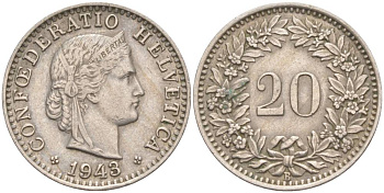 ШВЕЙЦАРИЯ 20 РАППЕНОВ 1943 В KM 29a медно-никель 55-654