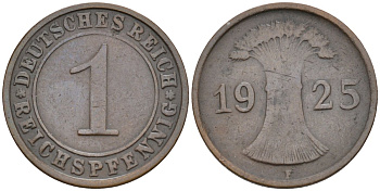 Германия 1 рейхспфенниг 1925 F KM 37, J.313, Weege 2 медь 4585-556