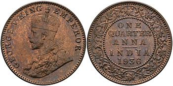 Британская Индия 1/4 анна 1936 Георг V (1910-1936) KM 512 бронза UNC 94-253