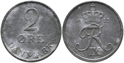 ДАНИЯ 2 ЭРЕ 1953 N; S, ФРЕДЕРИК IX (1947-1972) KM 840.1 цинк 28-1044