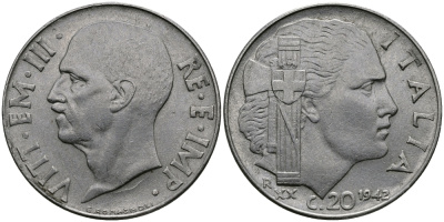 ИТАЛИЯ 20 ЧЕНТЕЗИМО 1942 R, ВИКТОР ИМАНУИЛ, XX ГОД KM 75b нержавеющая сталь 98-137