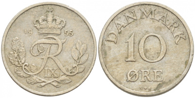 ДАНИЯ 10 ЭРЕ 1955 N; S, ФРЕДЕРИК IX (1947-1972) KM 841.1 медно-никель 3309-143