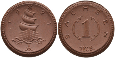 Саксония 1 марка 1921 парусник J. N 55 фарфор 1094-4-22