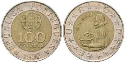 Португалия 100 эскудо 1992 Педру Нуниш (1502-1578), математик KM 645.1 биметалл 4529-822