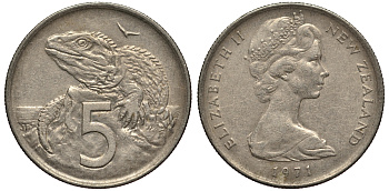 Новая Зеландия 5 центов 1971 Елизавета II (1952-2022), ящерица гаттерия KM 34.1 медно-никель 4181-421