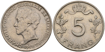 Люксембург 5 франков 1949 Великая герцогиня Шарлотта (1919-1964) KM 50 медно-никель 4603-1127