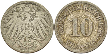 ГЕРМАНИЯ 10 ПФЕННИГОВ 1896 A KM 12, J. 13, Weege 8 медно-никель 261-1256