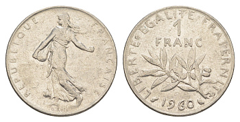 Франция 1 франк 1960 сеятель KM 925 никель 4539-1142