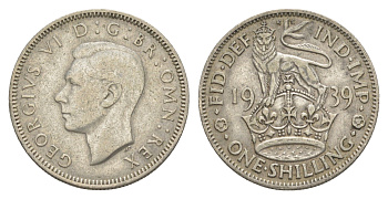 Великобритания 1 шиллинг 1939 Георг VI (1936-1952), Английский герб KM 853, Spink 4082 серебро 4538-322