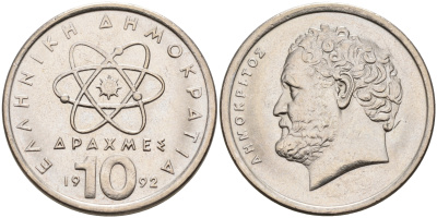 Греция 10 драхм 1992 Демокрит KM 132 медно-никель UNC 92-412