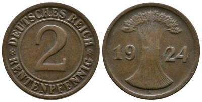 ГЕРМАНИЯ 2 РЕНТЕНПФЕННИГА 1924 D KM 31, J.307 бронза 86-1444