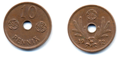 ФИНЛЯНДИЯ 10 ПЕННИ 1942 KM 33.1 медь 51-4961