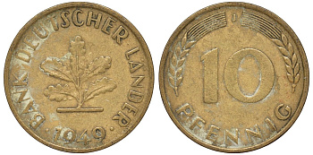 ФРГ 10 пфеннигов 1949 J KM 103, J. 378 сталь плакированная латунью 4132-515