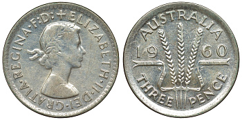 Австралия 3 пенса 1960 m, Елизавета II (1952-2022) KM 57 серебро 71-651