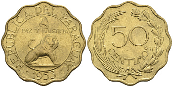 Парагвай 50 сентимо 1953 лев, фригийский колпак на шесте KM 28 алюминиевая бронза  aUNC  4176-1245