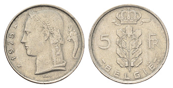 Бельгия 5 франков 1975 Belgie, Бодуэн I (1951-1993) KM 135 медно-никель 4616-857
