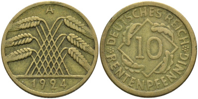 Германия 10 рентенпфеннигов 1924 A KM 33 алюминиевая бронза 4163-747