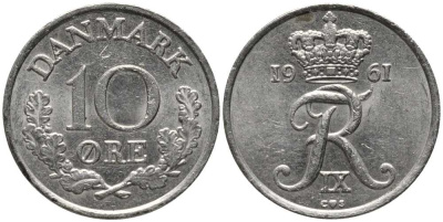 ДАНИЯ 10 ЭРЕ 1961 C; S, ФРЕДЕРИК IX (1947-1972) KM 841.3 медно-никель 116-219