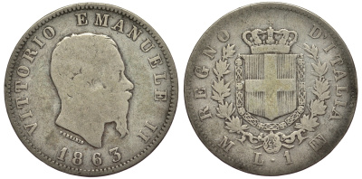 Италия 1 лира 1863 M-BN, Виктор Эммануил II KM 5a.1 серебро 55-125