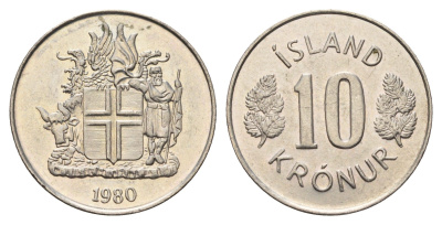 Исландия 10 крон 1980 KM 15 медно-никель UNC 4582-112