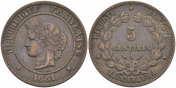 ФРАНЦИЯ 5 САНТИМОВ 1881 А, ТРЕТЬЯ РЕСПУБЛИКА (1871-1940) KM 821.1, LE FRANC 118.23 бронза 108-627