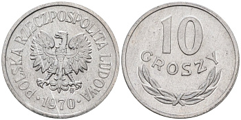 Польша 10 грошей 1970 MW KM АА47, Parchimowicz 206i алюминий UNC 4564-1053