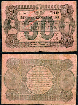 Италия, Сардиния 30 лир 1877 Banca AgricoLa Sarda Pick S 921 c бумага 7554-25-2-1