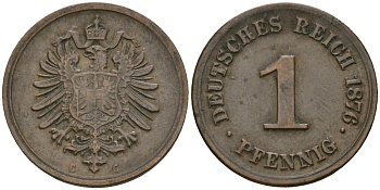 Германия 1 пфенниг 1876 G, Вильгельм I (1871-1888) KM 1, J. 1 медь 4547-434