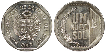 Перу 1 новый соль 2007 KM 308.4 медно-никель UNC 4605-235
