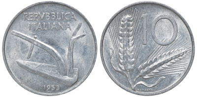 Италия 10 лир 1953 R, плуг, колосья KM 93 алюминий 4163-354