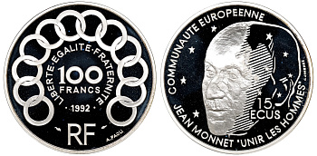 Франция 100 франков = 15 экю 1992 Жан Моне, в оригинальной коробке с сертификатом KM 1012 серебро PROOF 7-5-6-35