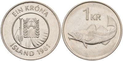 Исландия 1 крона 1981 треска KM 27 медно-никель    4603-221