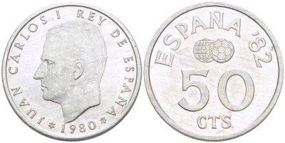 Испания 50 сентимо 1980 (80) чемпионат мира по футболу в Испании 1982 года, Хуан Карлос ( 1975-) KM 815 алюминий UNC 216-412