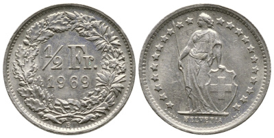 Швейцария 1/2 франка 1969 В KM 23а.1 медно-никель 4608-652