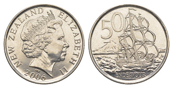 Новая Зеландия 50 центов 2006 Елизавета II (1952-2022), парусник Индевор KM 119a сталь плакированная никелем UNC 4187-1216