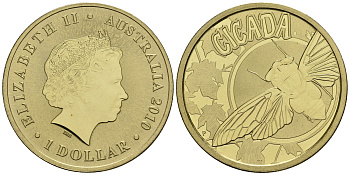 Австралия 1 доллар 2010 серия насекомые, цикада KM 1443 алюминиевая бронза UNC M42-09