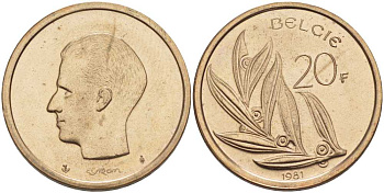 БЕЛЬГИЯ 20 ФРАНКОВ 1981 BELGIE, БОДУЭН I (1951-1993) KM 160 никель бронза UNC 213-447