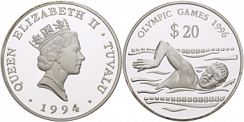 Тувалу 20 долларов 1994 Олимпийские игры 1996 года, плавание KM 24 серебро PROOF 11-101-43