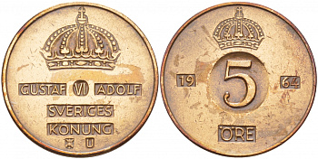 Швеция 5 эре 1964 U Густав VI Адольф (1950-1973) KM 822 бронза 4548-417