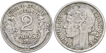 Франция 2 франка 1950 KM 886a, LE FRANC 269.10 алюминий 4143-623