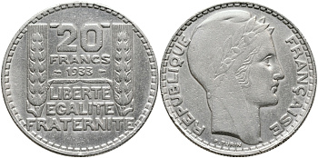 Франция 20 франков 1933 Пьер Тюрен KM 879, Le Franc 400.3 серебро 413-2145