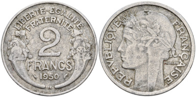 Франция 2 франка 1950 KM 886a, LE FRANC 269.10 алюминий 4143-623