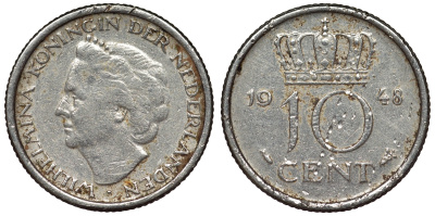 Нидерланды 10 центов 1948 Вильгельмина (1895-1948) KM 177 никель 71-226