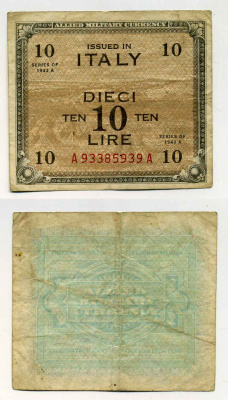 Италия 10 лир 1943 А, второй выпуск серия А-А, военный выпуск, вторая мировая война Pick M19а бумага 8588-28-4-2