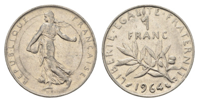 Франция 1 франк 1964 сеятель KM 925 никель 4673-1134