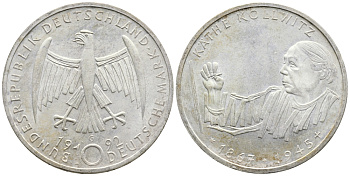 ФРГ 10 марок 1992 G, 125 лет со дня рождения Кете Кольвиц KM 178 серебро UNC 443-434