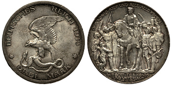 Пруссия 3 марки 1913 Вильгельм II (1888-1918), 100 лет победы над Наполеоном KM 534, J. 110 серебро 3711-1211