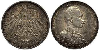 Пруссия 2 марки 1913 A, Вильгельм II (1888-1918), 25 лет правления (мундир) Weege 111, J. 111, KM 533 серебро 3711-844